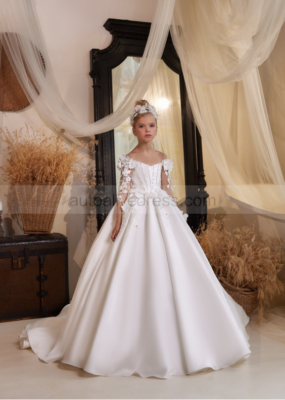 Beaded Ivory Lace Satin 3D Flowers Flower Girl Dress Beaded Ivory Lace Satin 3D Flowers Flower Girl Dress